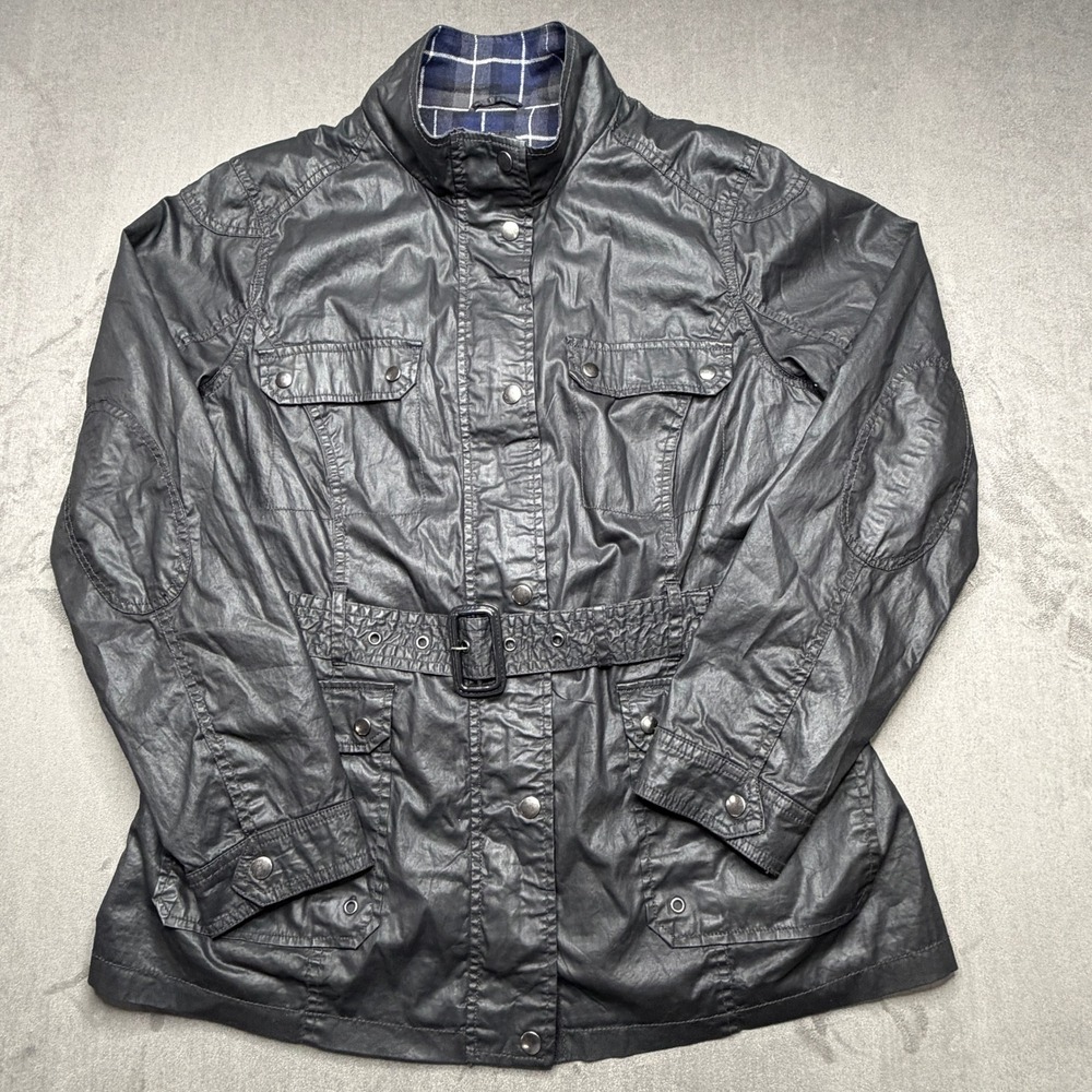 Atmosphere Utility Jacket Womens 14 Black Belted Wax Look Field Coat Plaid Lined